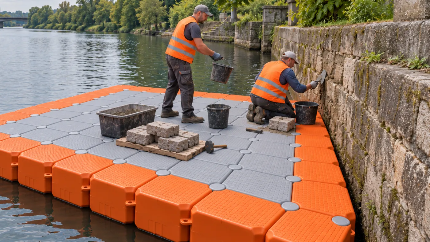 Arbeitsponton aus grauen und orangefarbenen Schwimmkörpern an einem Flussufer, darauf zwei Arbeiter mit Werkzeug und Material