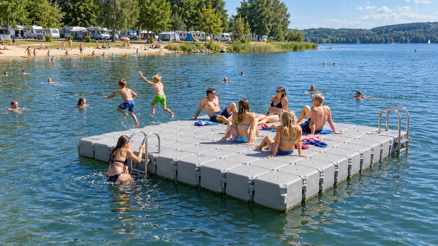 Große Badeinsel aus grauen Schwimmkörpern mit zwei Badeleitern auf einem Badesee, Kinder und Erwachsene baden und sonnen sich, am Ufer ein Badestrand mit Campingplatz