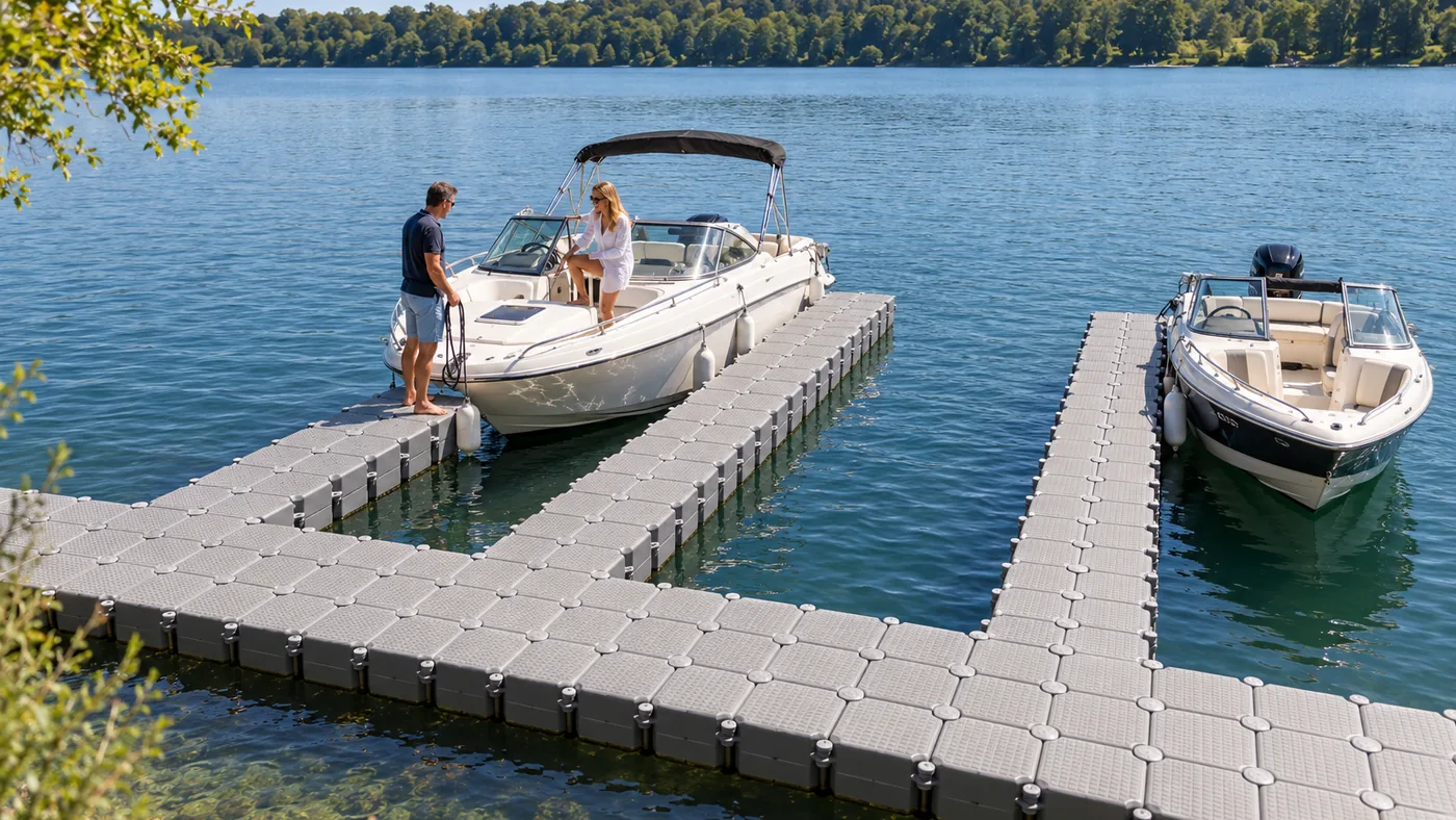 Schwimmende Steganlage aus grauen Schwimmkörpern an einem See: ein Hauptsteg am Ufer mit rechtwinklig abgehenden Fingerstegen, zwei Schwimmkörper breit, dazwischen zwei Motorboote mit Fendern, ein Mann hält die Bugleine, eine Frau steigt ins Boot