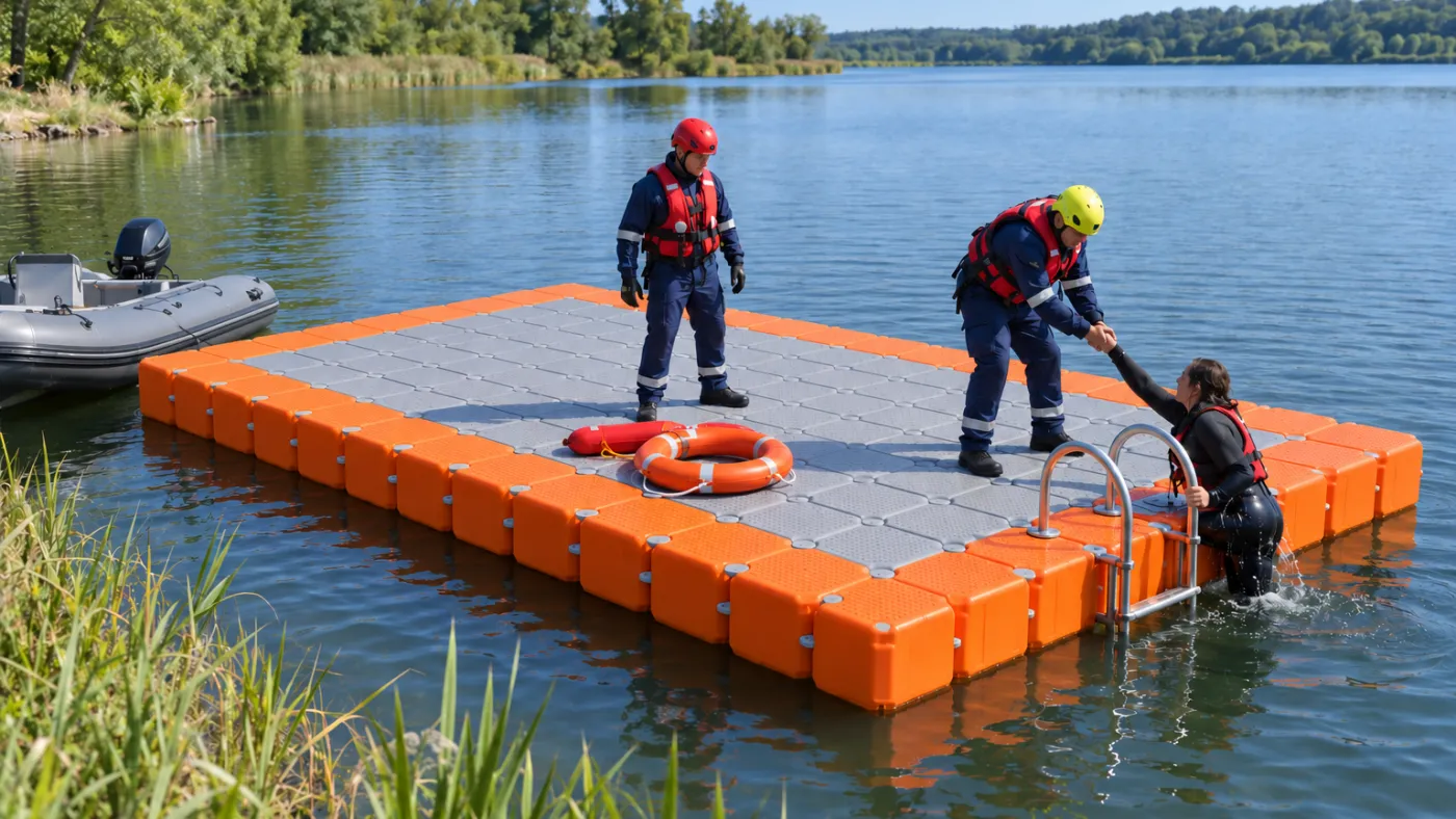 Übungsplattform aus grauen und orangefarbenen Schwimmkörpern an einem See, darauf Einsatzkräfte in Schwimmwesten bei einer Wasserrettungsübung mit einem Schlauchboot