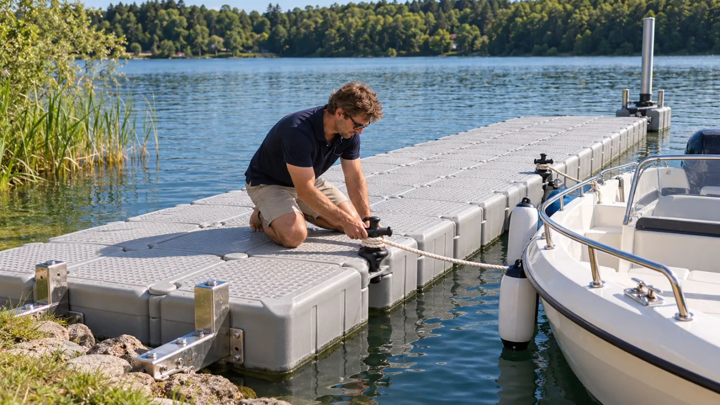 Schwimmsteg aus grauen Schwimmkörpern an einem See, am Ufer mit zwei Edelstahl-Halterungen befestigt, am Ende eine Pfahlführung an einem Stahlpfahl, ein kleines Motorboot ist an zwei Kreuzpollern festgemacht