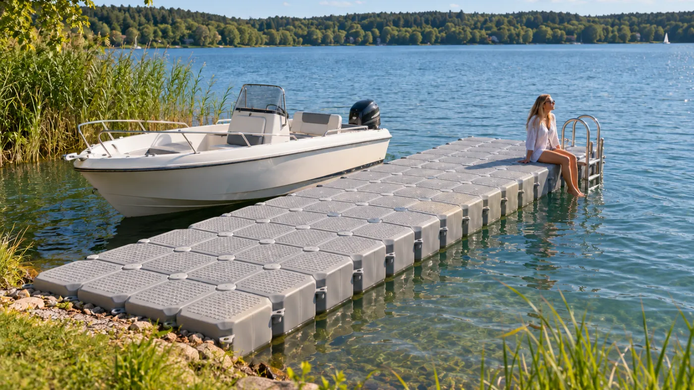 Schwimmsteg aus grauen Schwimmkörpern mit Badeleiter an einem See, ein kleines Motorboot liegt längsseits, eine Frau sitzt am Ende des Stegs