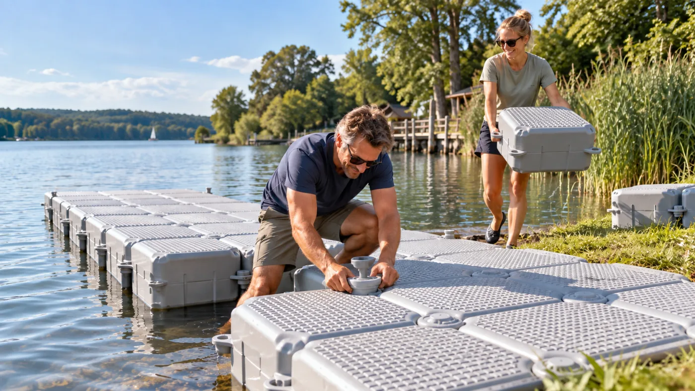 Zwei Personen bauen am Seeufer einen Schwimmsteg aus grauen HDPE-Schwimmkörpern zusammen