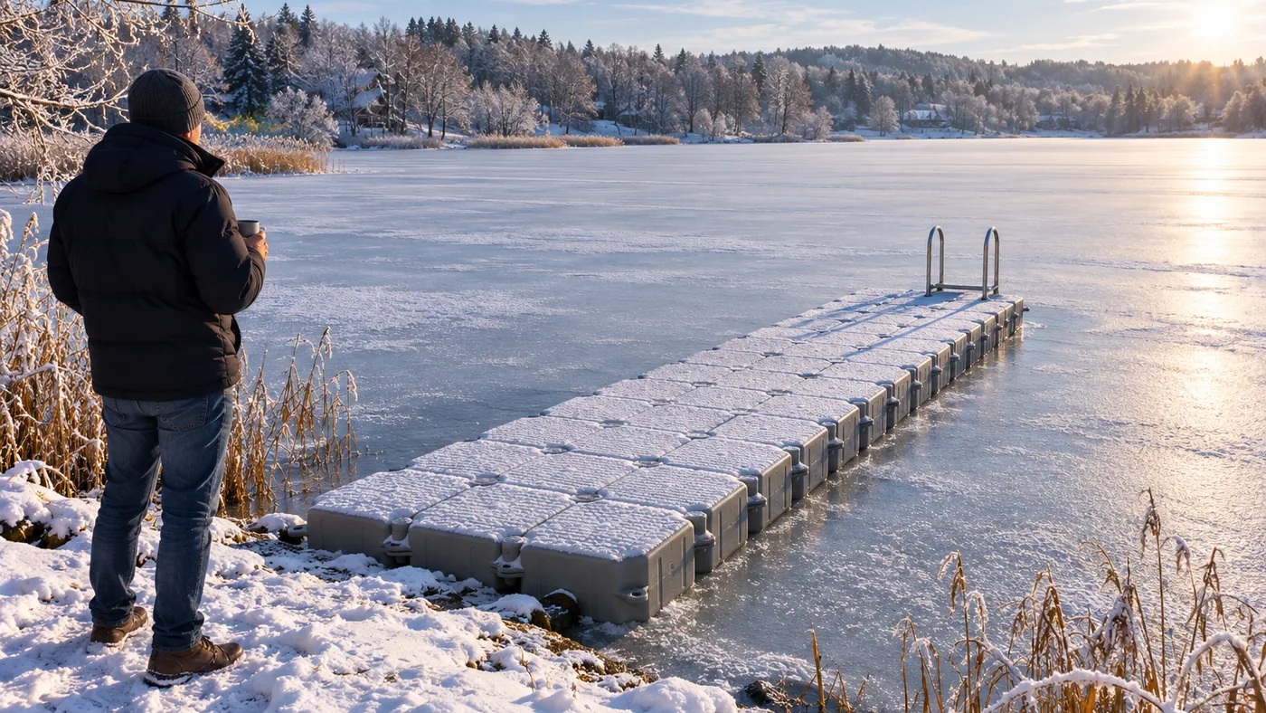 Schwimmsteg aus grauen Schwimmkörpern mit Edelstahl-Badeleiter, eingefroren im ruhigen Eis eines verschneiten Sees, am Ufer steht ein Mann in Winterjacke mit einem Becher in der Hand