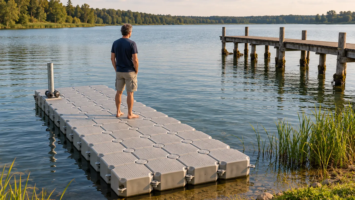 Schwimmsteg aus grauen Schwimmkörpern an einem See, an einem Pfahl mit Pfahlführung gehalten, daneben ein älterer Holzsteg auf Pfählen